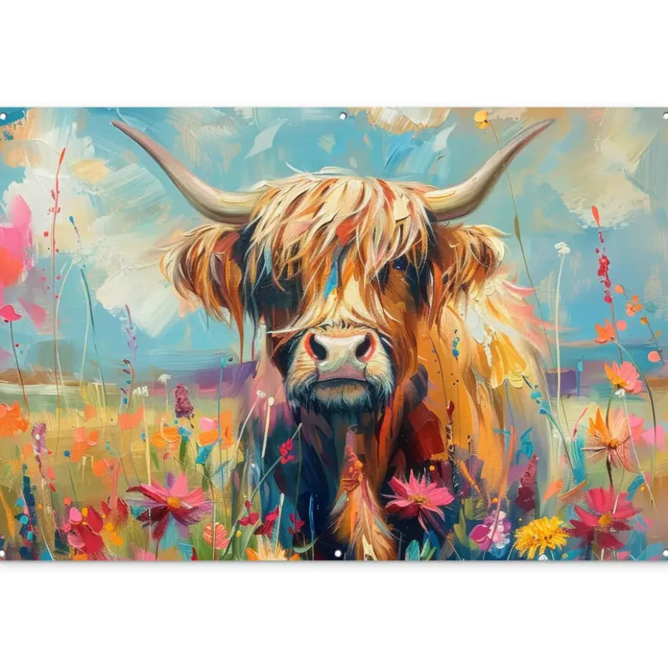 Tuinposter 180x120 cm Schotse hooglander - Natuur - Kleurrijk - Bloemen