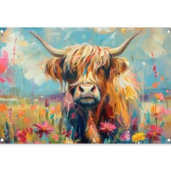 Tuinposter 90x60 cm Schotse hooglander - Natuur - Kleurrijk - Bloemen