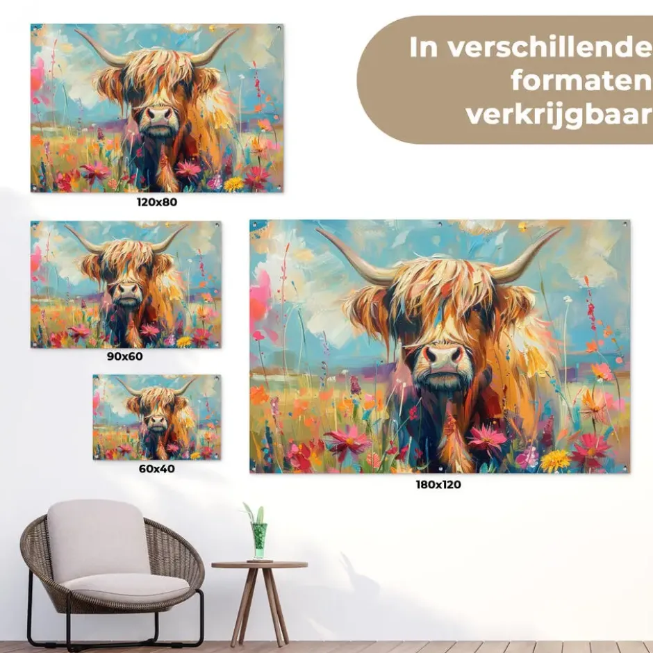 Tuinposter 90x60 cm Schotse hooglander - Natuur - Kleurrijk - Bloemen