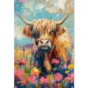 Tuinposter 80x120 cm Schotse hooglander - Natuur - Kleurrijk - Bloemen