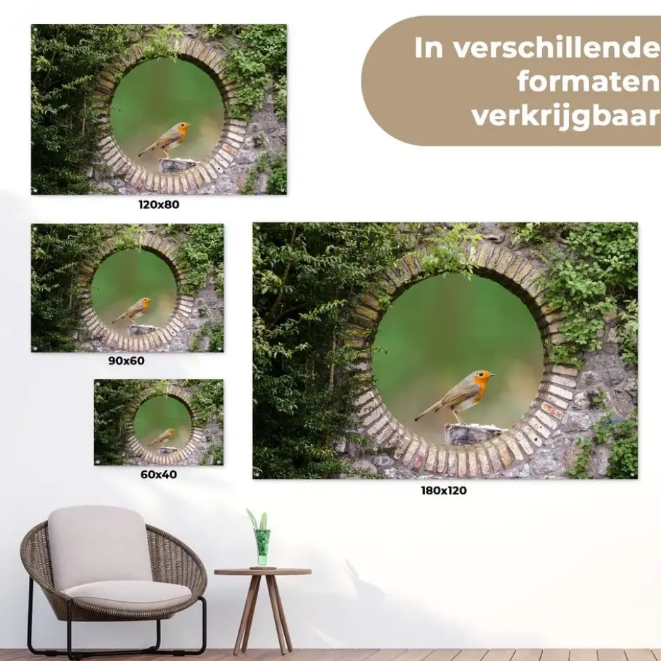 Tuinposter 180x120 cm Vogel - Doorkijk - Roodborstje