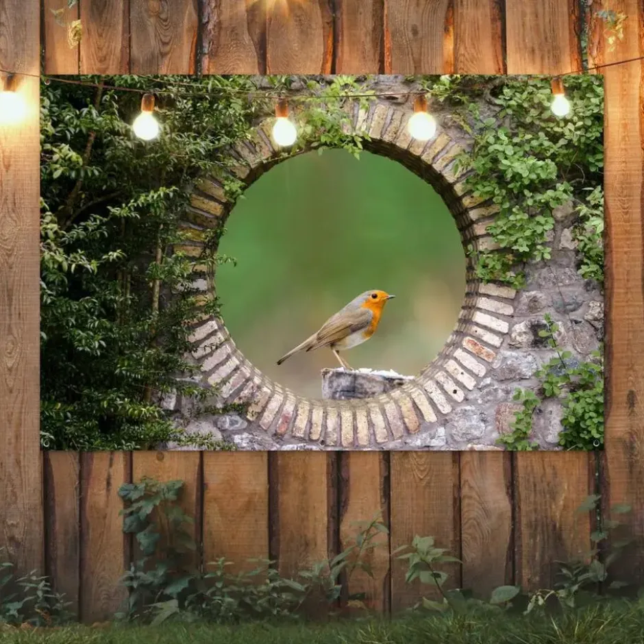 Tuinposter 180x120 cm Vogel - Doorkijk - Roodborstje