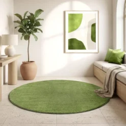 Uni Effen Rond Vloerkleed Laagpolig Groen - 120 CM Ø