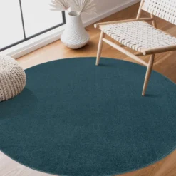 Uni Effen Rond Vloerkleed Laagpolig Blauw - 120 CM Ø