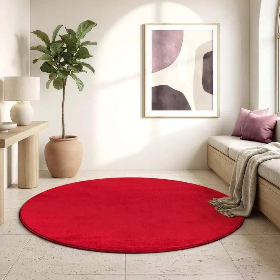 Uni Effen Rond Vloerkleed Laagpolig Rood - 120 CM Ø