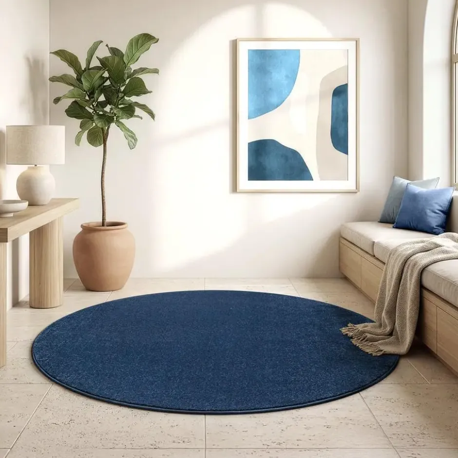 Uni Effen Rond Vloerkleed Laagpolig Navy Blauw - 150 CM Ø