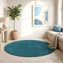 Uni Effen Rond Vloerkleed Laagpolig Blauw - 150 CM Ø