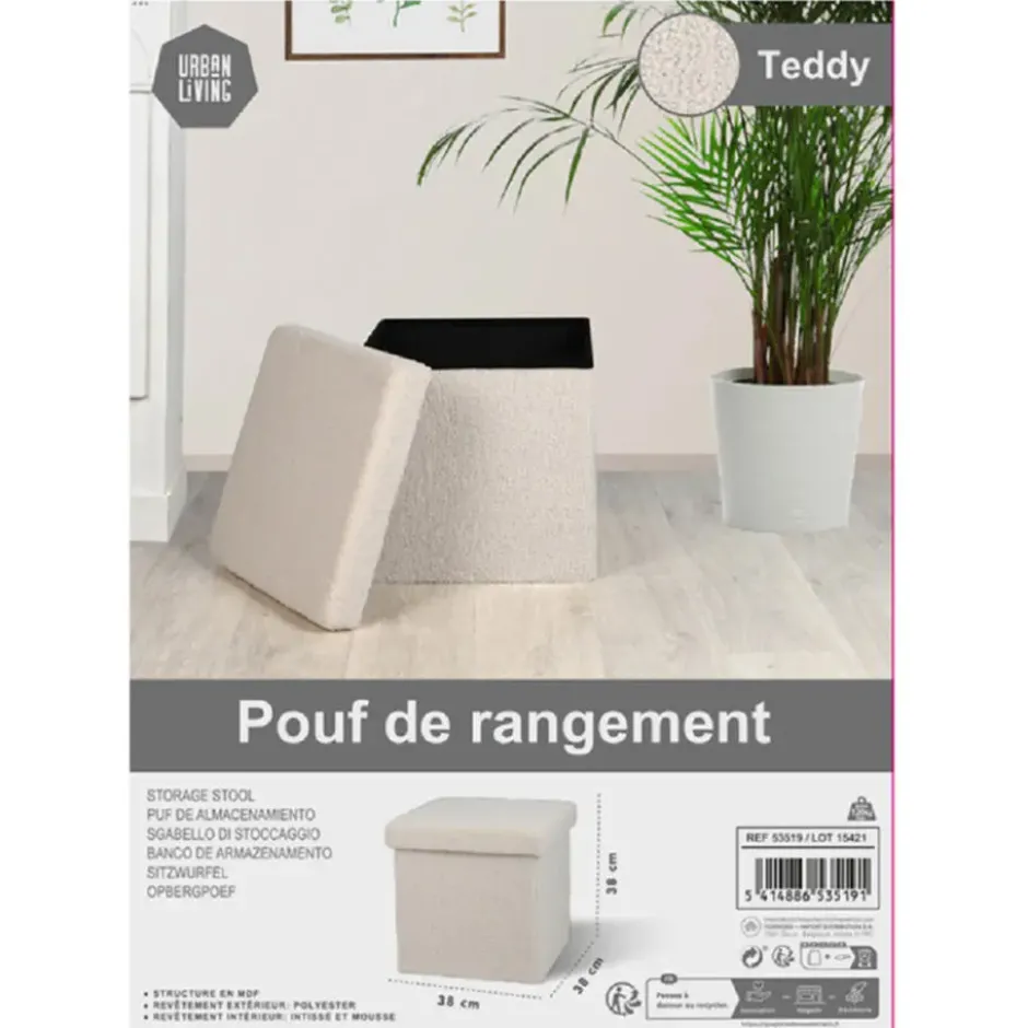 Urban Living poef/hocker/opbergbox - creme wit - mdf - 38 x 38 cm