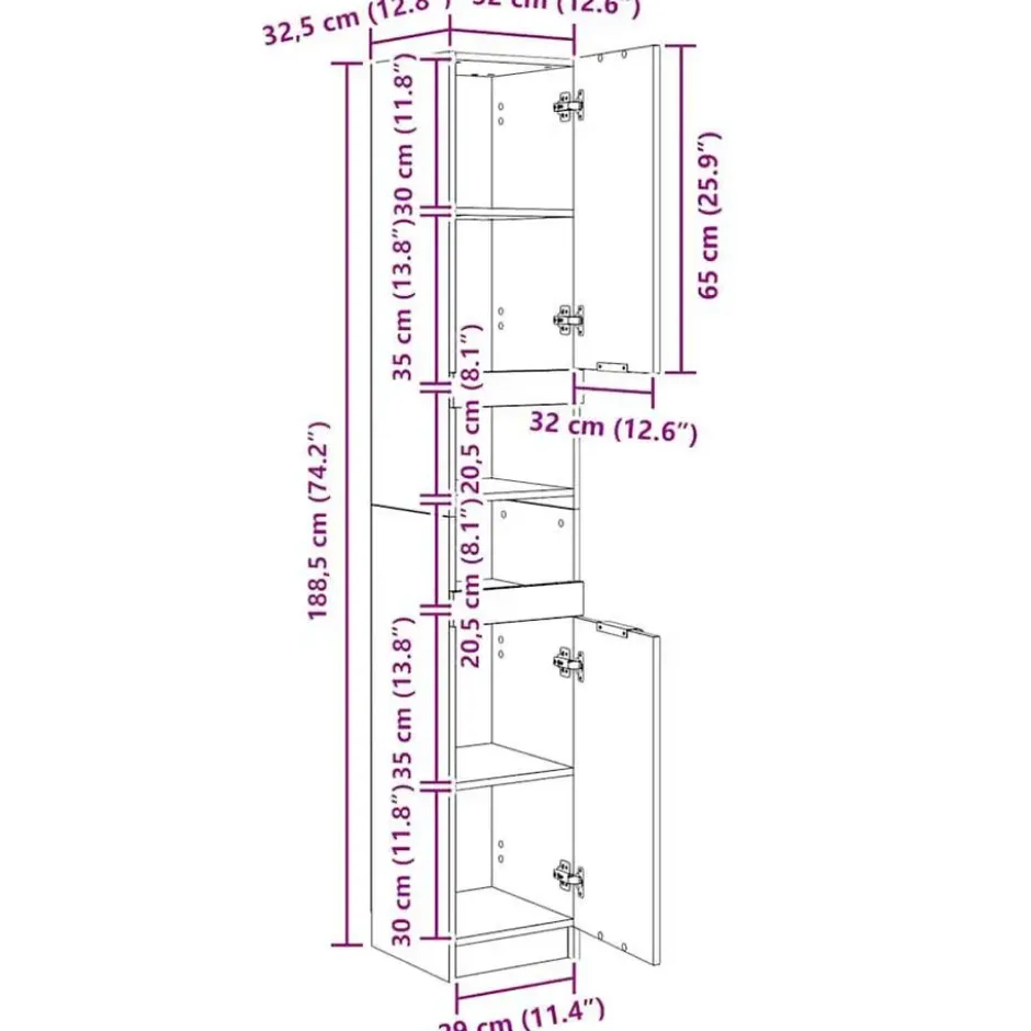 vidaXL - Badkamerkast 32x34x188,5 cm bewerkt hout grijs sonoma eiken