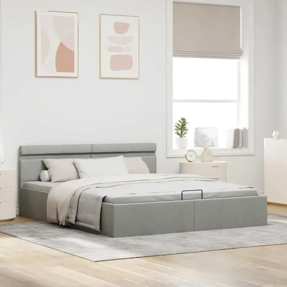 vidaXL-Bed met opbergruimte en LED - Lichtgrijs - Stof - 160x200 cm