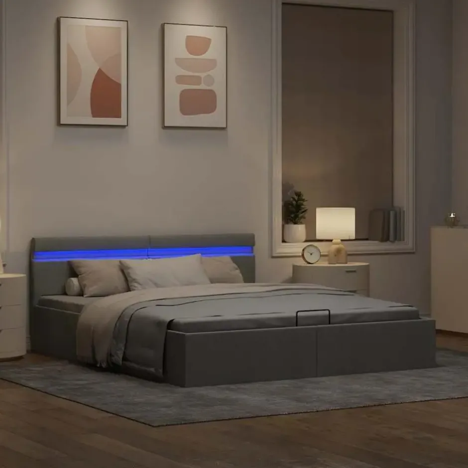 vidaXL-Bed met opbergruimte en LED - Lichtgrijs - Stof - 160x200 cm