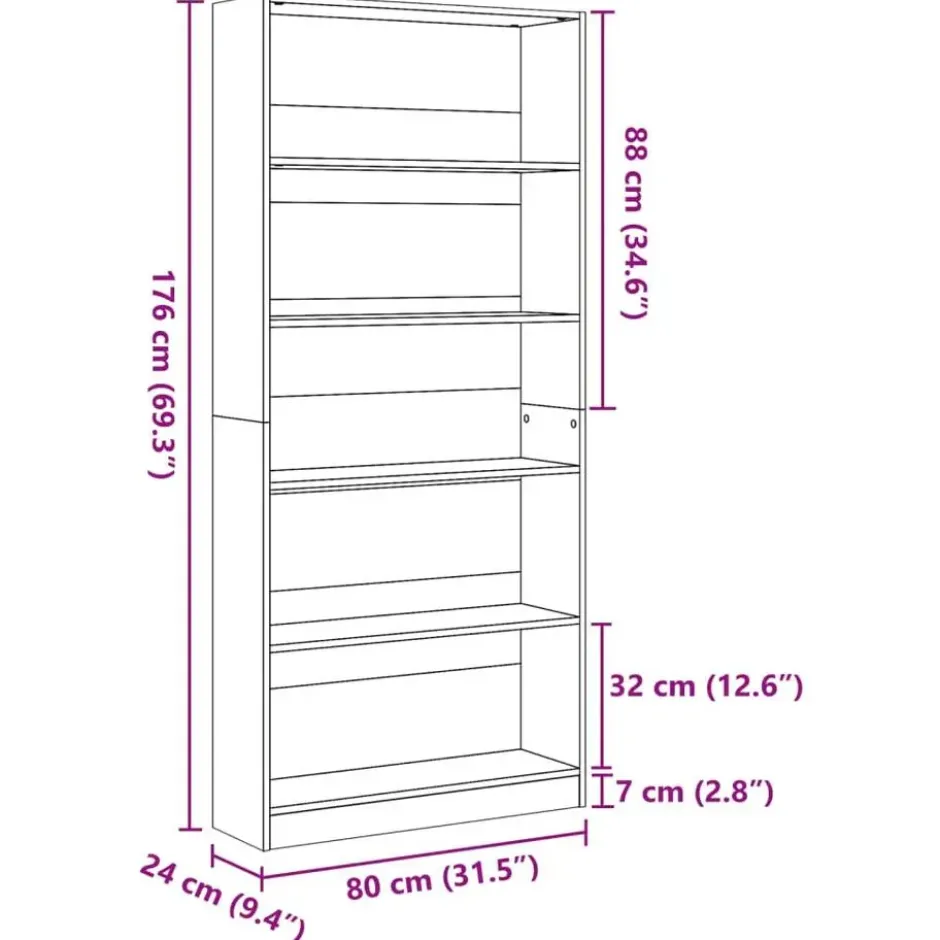 vidaXL - Boekenkast met 5 vakken - Betongrijs - Bewerkt hout - 80x24x176 cm