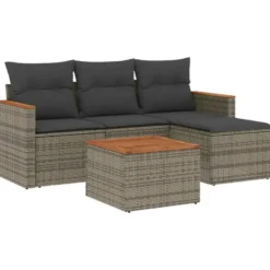 vidaXL 5-delige Loungeset kussens en kruk - hout armsteun & salontafel - Grijs