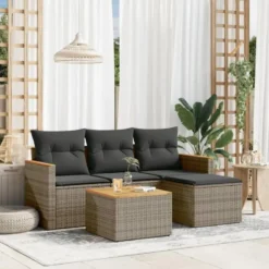 vidaXL 5-delige Loungeset kussens en kruk - hout armsteun & salontafel - Grijs