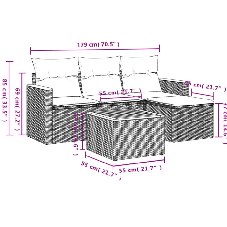 vidaXL 5-delige Loungeset kussens en kruk - hout armsteun & salontafel - Grijs