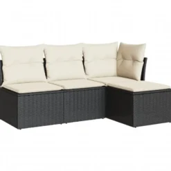 vidaXL 4-delige Loungeset met kussens - Zwart en crème - Poly rattan