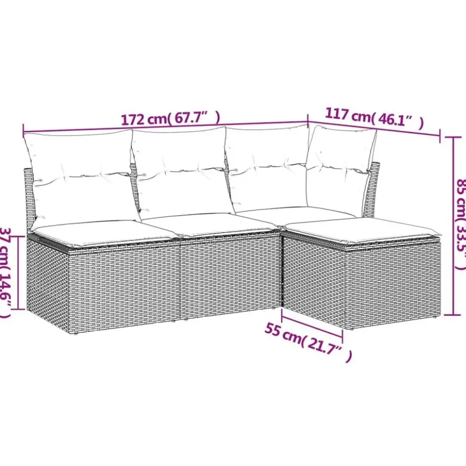 vidaXL 4-delige Loungeset met kussens - Zwart en crème - Poly rattan