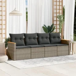 vidaXL 4-delige Loungeset met kussens en hout armsteun - Grijs - Poly rattan