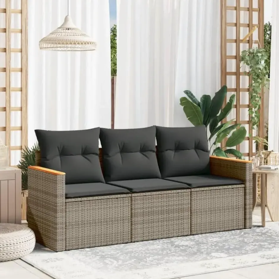 vidaXL 3-delige Loungeset met kussens en hout armsteun - Grijs - Poly rattan