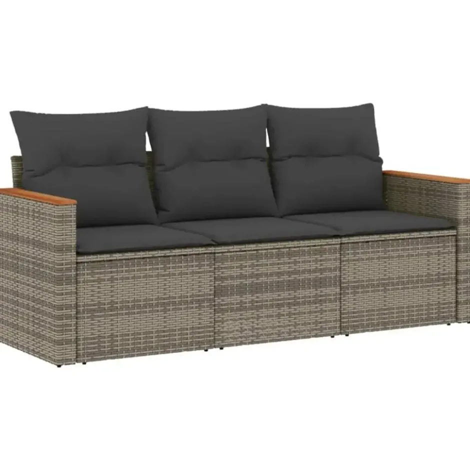 vidaXL 3-delige Loungeset met kussens en hout armsteun - Grijs - Poly rattan