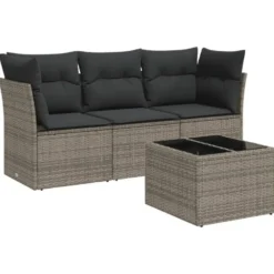 vidaXL 3-delige Loungeset met kussens en tuintafel - Grijs - Poly Rattan