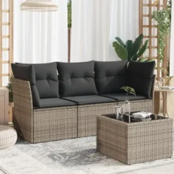 vidaXL 3-delige Loungeset met kussens en tuintafel - Grijs - Poly Rattan