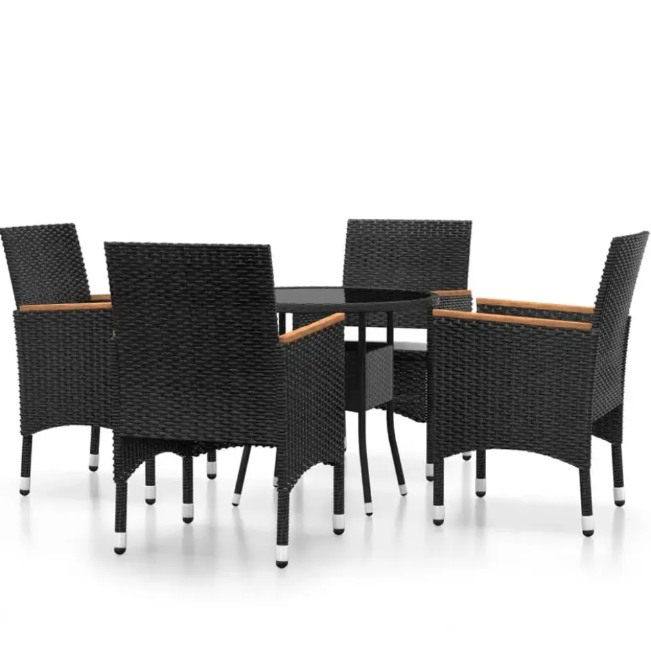 vidaXL - 5-delige Tuinset met kussens zwart - Poly rattan en glas - ø 80 cm