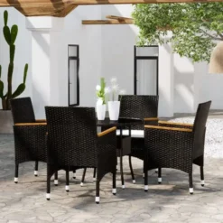 vidaXL - 5-delige Tuinset met kussens zwart - Poly rattan en glas - ø 80 cm