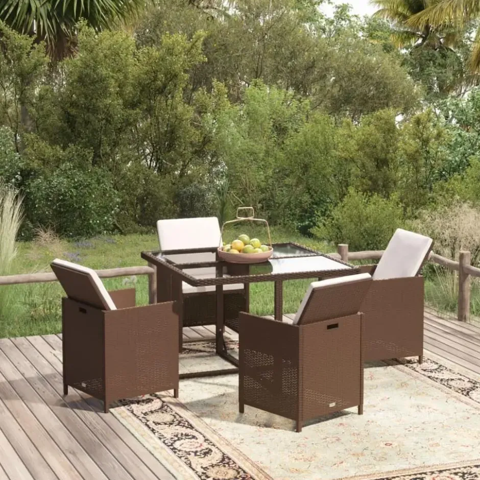 vidaXL - 5-delige Tuinset wit kussens - Bruin poly rattan en glas - 109x107 cm