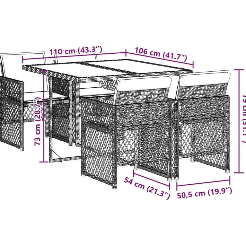 vidaXL - 5-delige Tuinset wit kussens - Bruin - PE rattan en staal - 110x106 cm