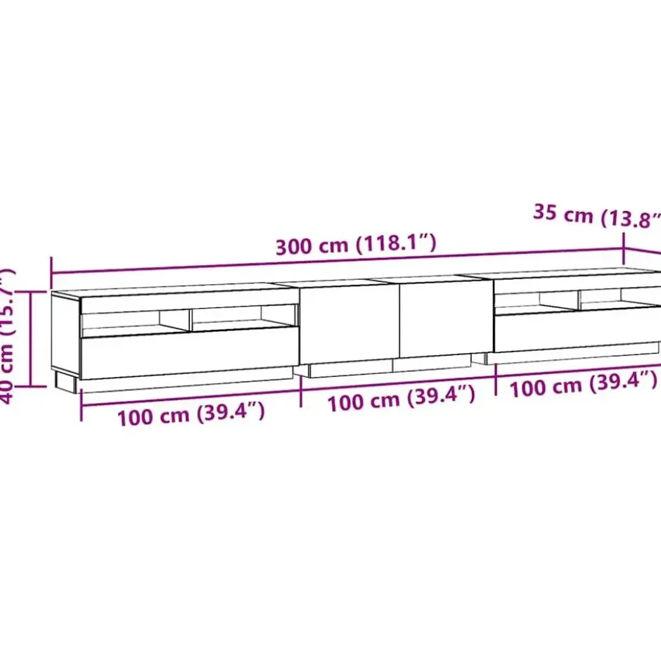 vidaXL - 3-delige TV-meubel - LED-verlichting - Oud hout - 300x35x40 cm