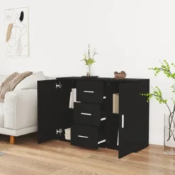 vidaXL - Dressoir met 2 deuren 3 lades - Zwart - Bewerkt hout -91x29.5x65 cm