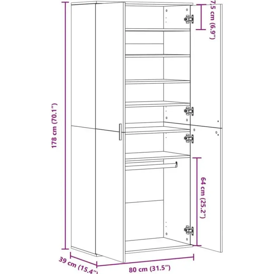 vidaXL - Hoge Schoenenkast met 7 planken en 2 deuren - Wit - 80x39x178 cm