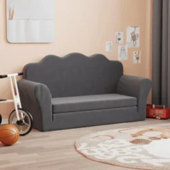 vidaXL Kinder slaapbank 2-zits inklapbaar - Antraciet zacht pluche - 94 cm