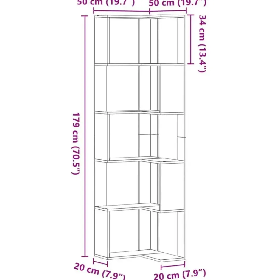 vidaXL - 5-laags Hoekboekenkast - Wit - Bewerkt hout - 50x50x179 cm