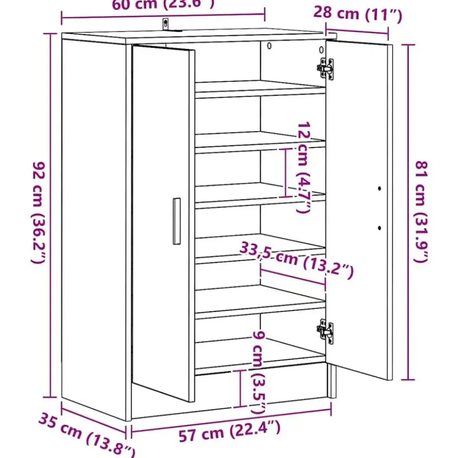 vidaXL - 6-laags Schoenenkast met 2 deuren 12 paar - Oud hout - 60x35x92 cm