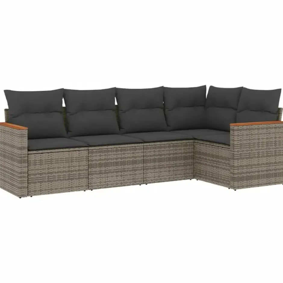 vidaXL Loungbank voor 5 met kussens en armsteun - Grijs - Poly rattan