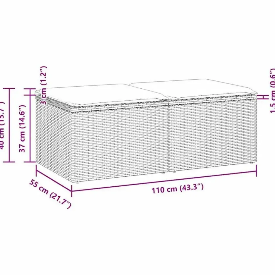 vidaXL Loungebank 2 zits met kussens poly rattan - Grijs krukken 110x55x37 cm