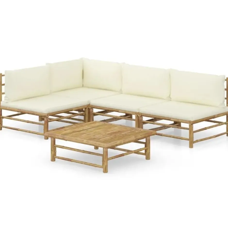 vidaXL - Loungeset - Crèmewitte - Bamboe - 5 stuks - Met kussens