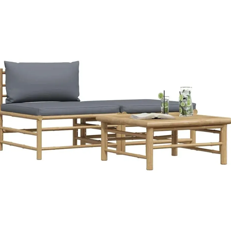 vidaXL - Loungeset - Donkergrijze - Bamboe - 3 stuks - Met kussens