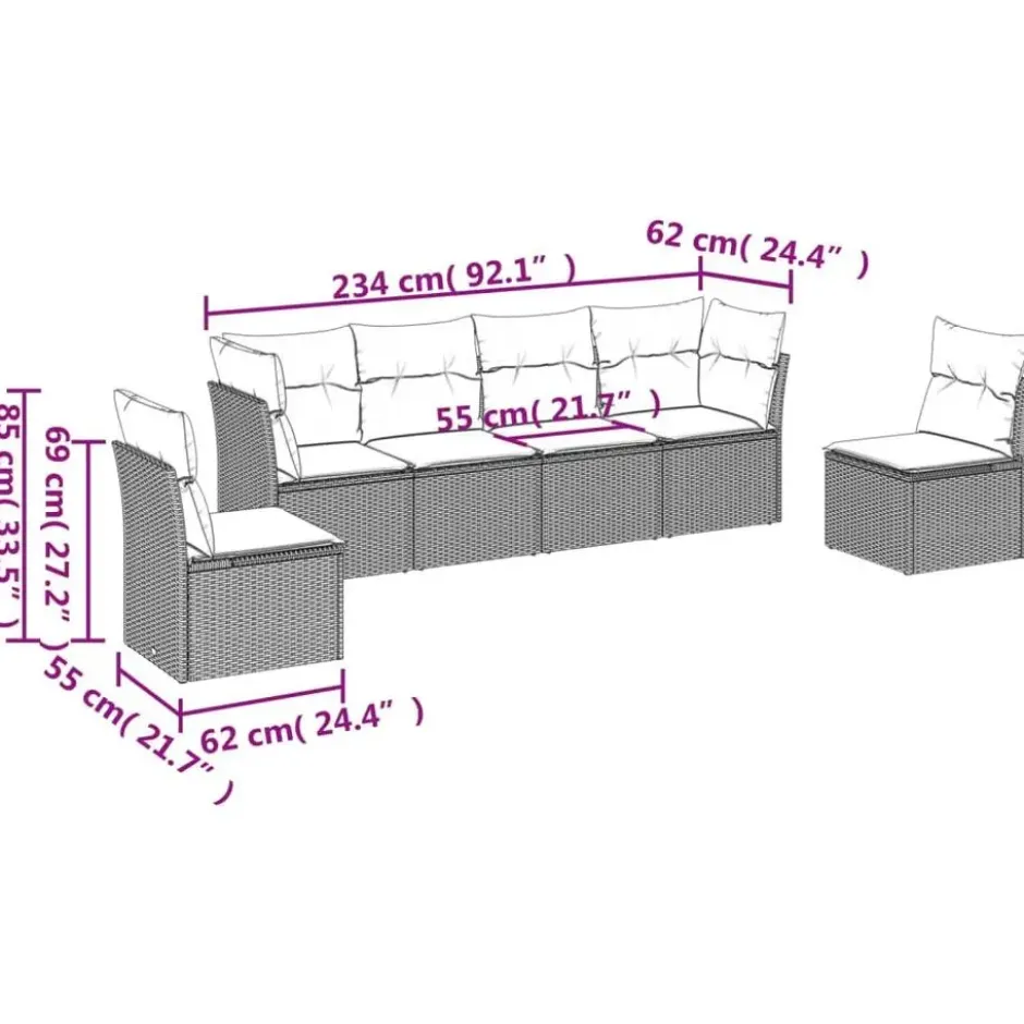 vidaXL Loungeset met kussens - set van 6 - Grijs - Poly Rattan