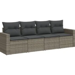 vidaXL Loungeset met kussens voor 4 personen - Grijs - Poly Rattan