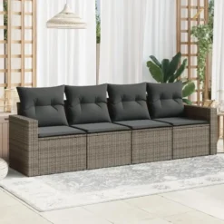 vidaXL Loungeset met kussens voor 4 personen - Grijs - Poly Rattan