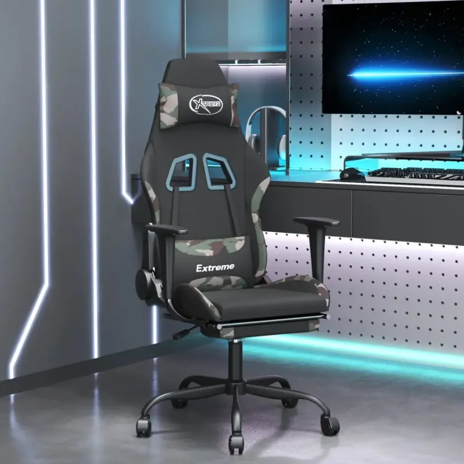 vidaXL Massage gamestoel met voetensteun stof zwart en camouflage