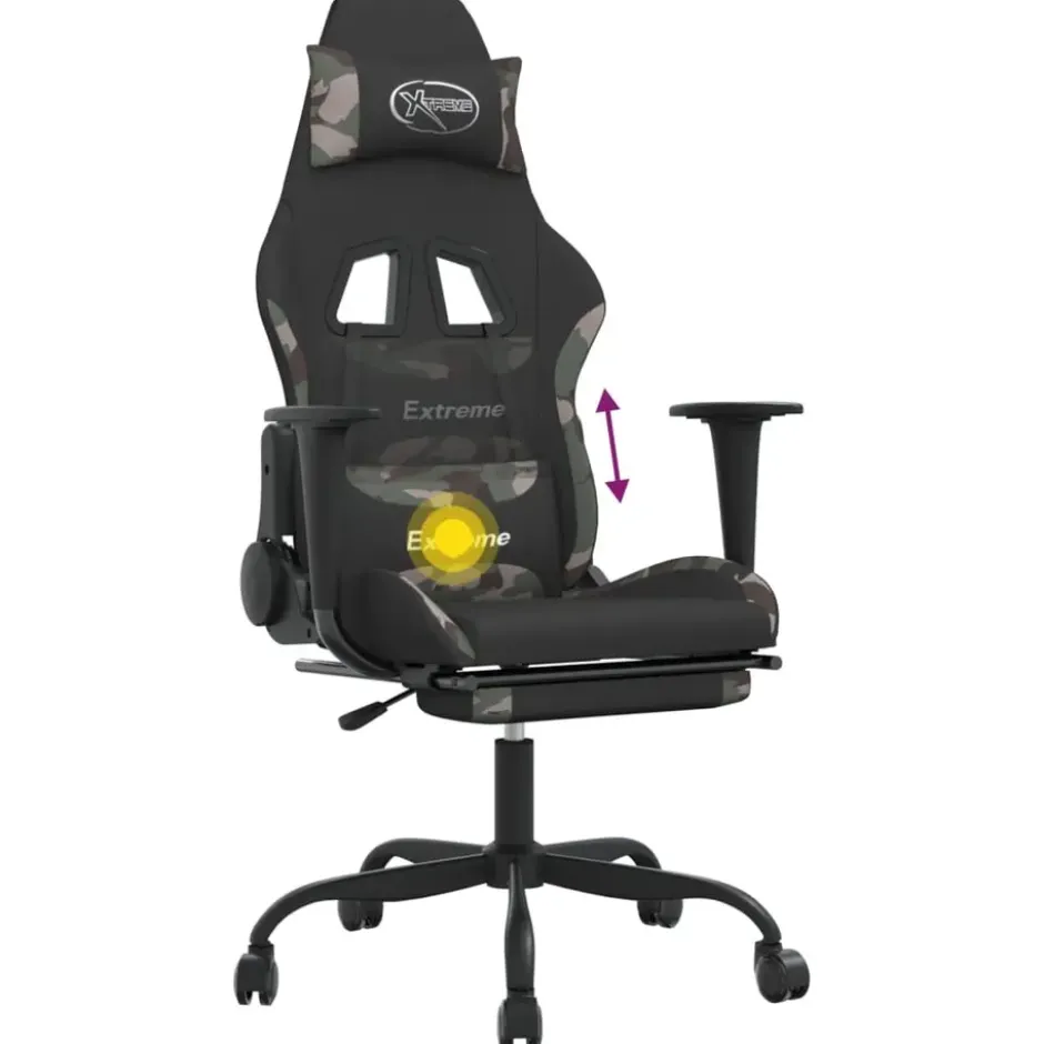 vidaXL Massage gamestoel met voetensteun stof zwart en camouflage