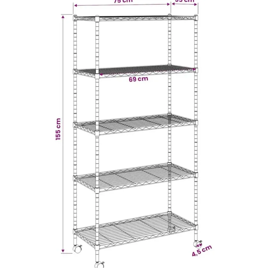 vidaXL - Opbergrek 5-laags met wielen 250 kg 75x35x155 cm chroomkleurig
