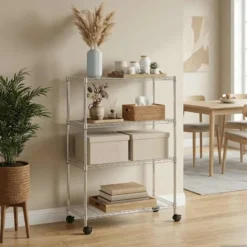 vidaXL - Opbergrek 4-laags met wielen 200 kg 90x35x142 cm chroomkleurig