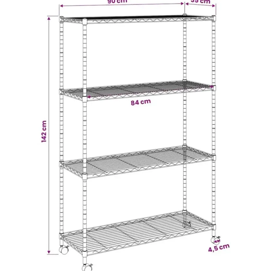 vidaXL - Opbergrek 4-laags met wielen 200 kg 90x35x142 cm chroomkleurig