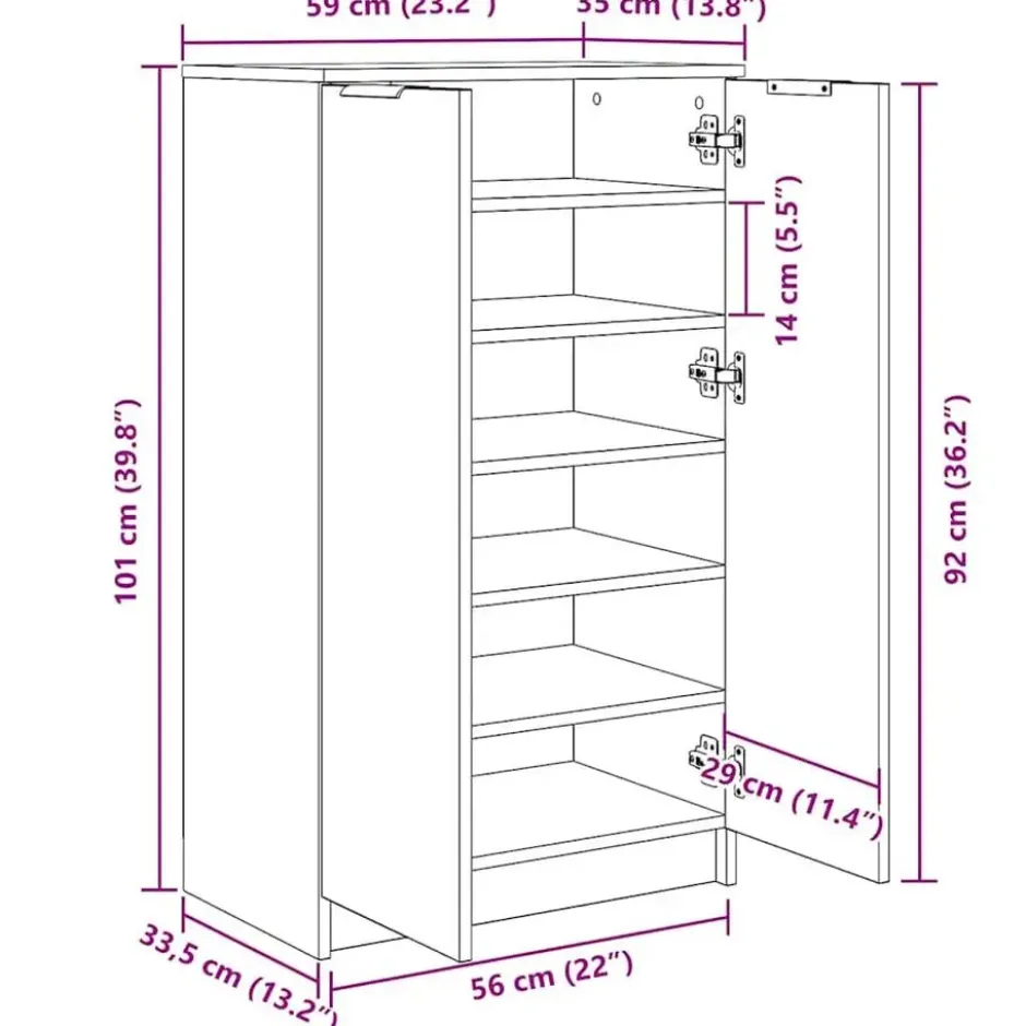 vidaXL - Schoenenkast met 2 deuren - Artisanaal eiken - Hout - 59x35x100.5 cm