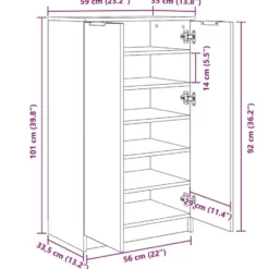 vidaXL - Schoenenkast met 2 deuren - Zwart eiken - Bewerkt hout - 59x35x100 cm